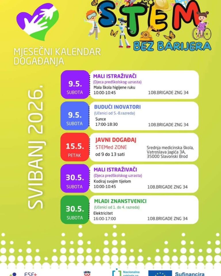 Mjesečni kalendar događanja za svibanj 2026 - projekt STEM bez barijera udruge OK URID.