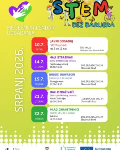 Plakat za STEM bez barijera u Slavonskom Brodu, srpanj 2026., s rasporedom radionica za djecu i mlade.