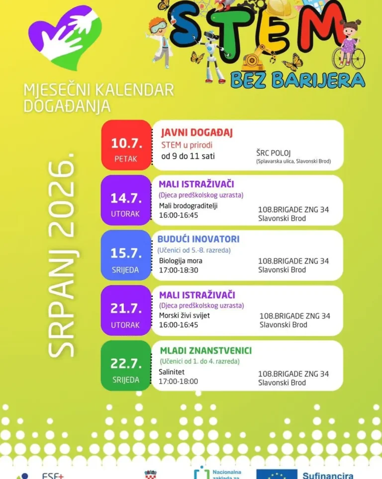 Plakat za STEM bez barijera u Slavonskom Brodu, srpanj 2026., s rasporedom radionica za djecu i mlade.