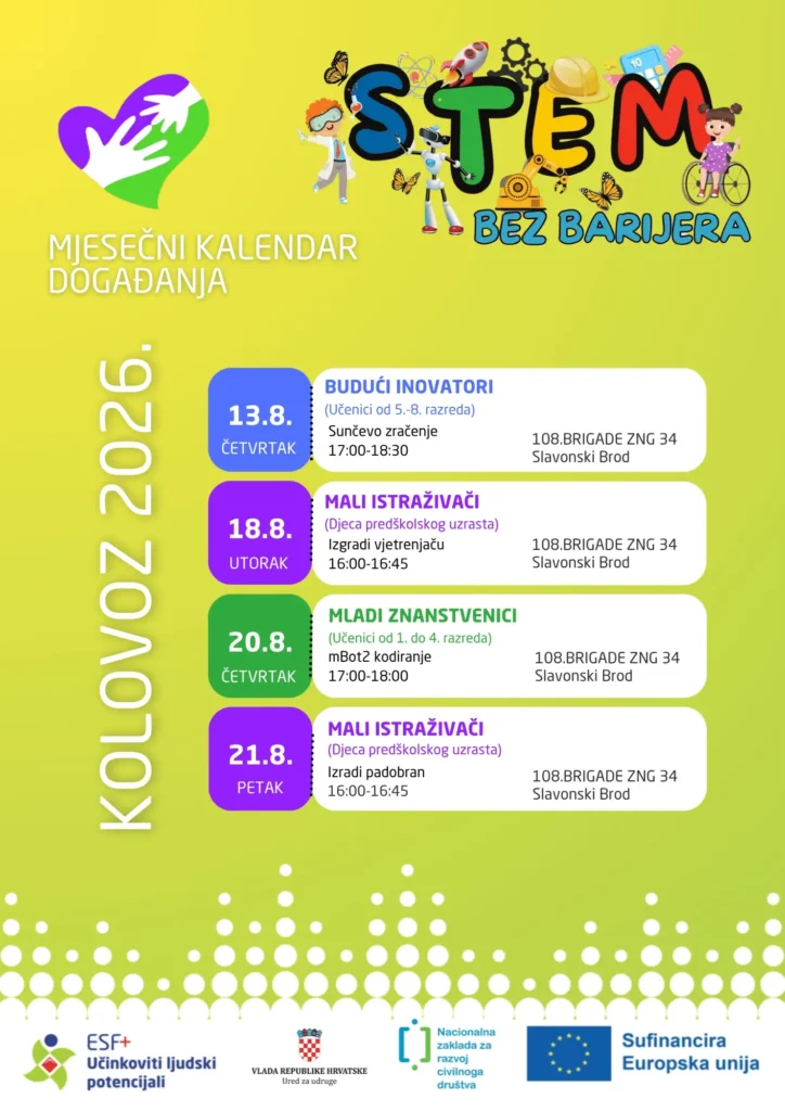 Kolovoz je rezerviran za besplatne ljetne STEM radionice!☀️🌊 Pogledajte raspored radionica i prijavite se putem poveznice. Čekaju vas nova znanja, zabava i ljetne avanture za sve sudionike. ⛱️ Projekt „STEM bez barijera“ (SF.2.4.06.04.0074) sufinanciran je sredstvima Europske unije iz Europskog socijalnog fonda plus, u okviru poziva „Jačanje kapaciteta organizacija civilnog društva za promociju STEM-a“ . Izneseni stavovi i mišljenja isključiva su odgovornost autora.
