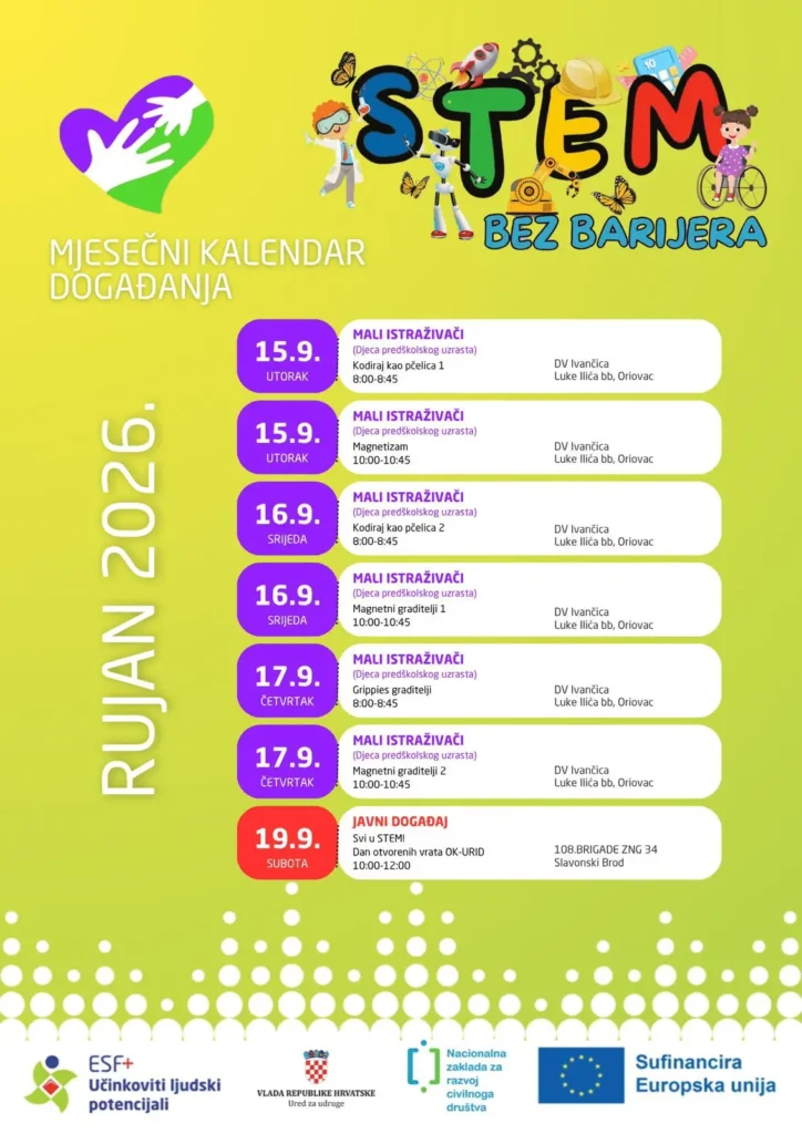 Pogledajte raspored i prijavite dijete na program edukativnih STEM aktivnosti za djecu predškolske dobi u Oriovcu, s danom otvorenih vrata u Slavonskom Brodu.
