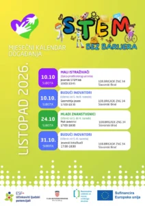 Mjesečni kalendar događanja STEM bez barijera za listopad 2026. u Slavonskom Brodu s rasporedom radionica za predškolce i učenike osnovne škole na adresi 108. brigade ZNG 34.
