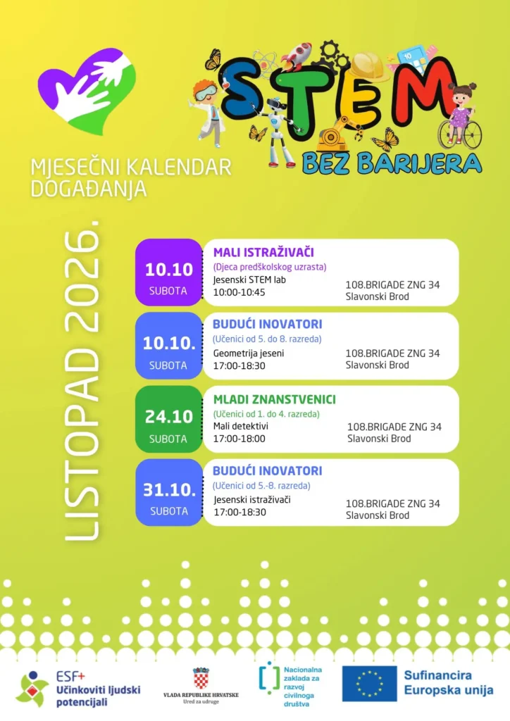 Mjesečni kalendar događanja STEM bez barijera za listopad 2026. u Slavonskom Brodu s rasporedom radionica za predškolce i učenike osnovne škole na adresi 108. brigade ZNG 34.